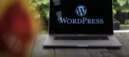 WordPress logo, web content management system (CMS), displayed on a MacBook Pro screen