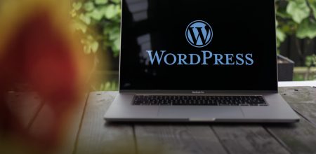 WordPress logo, web content management system (CMS), displayed on a MacBook Pro screen